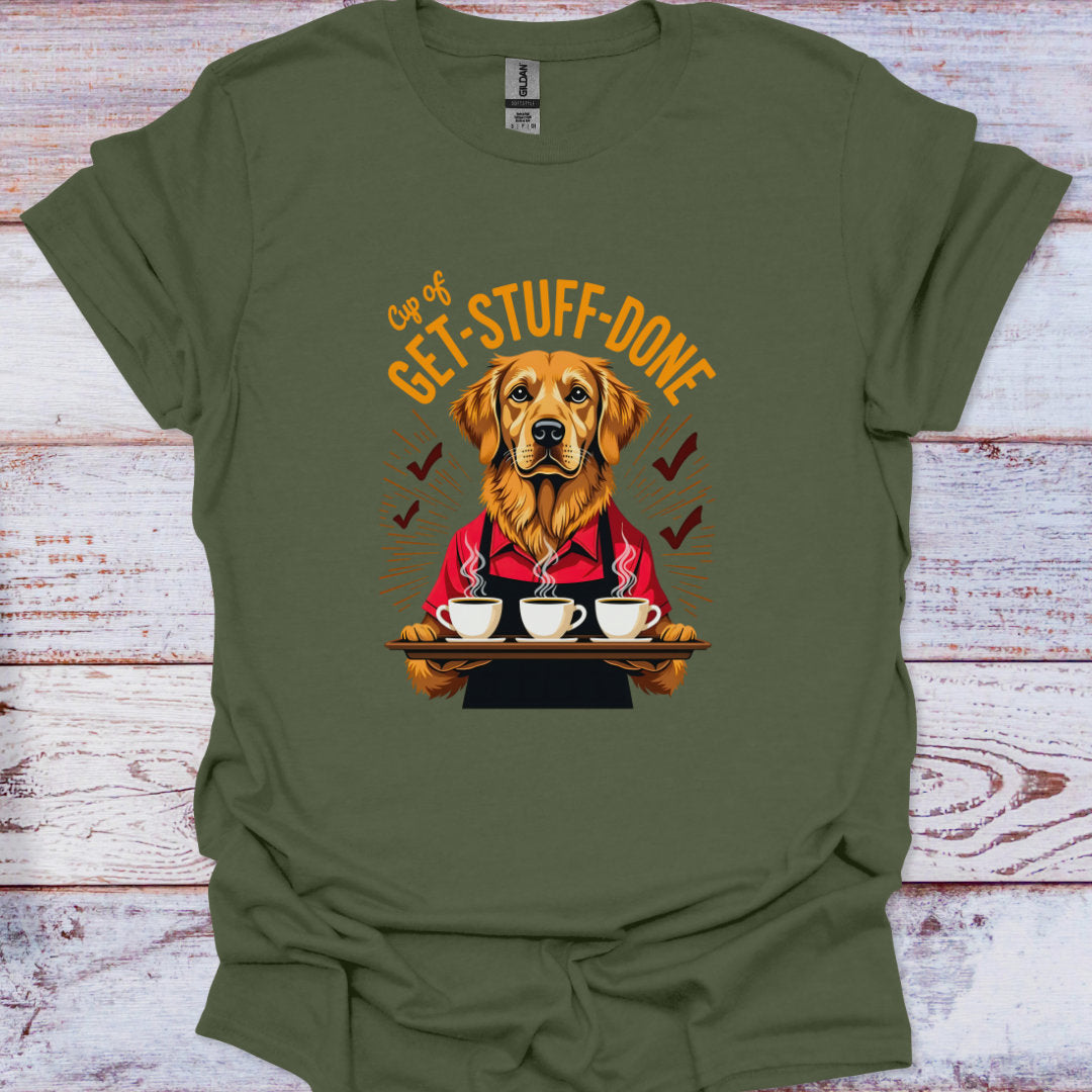 Green t-shirt with a dog graphic and text 'Get Stuff Done' on a wooden surface