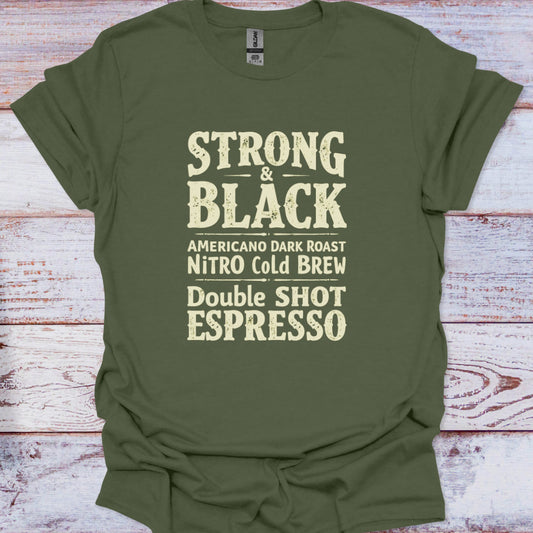 Green t-shirt with coffee-themed text on a wooden surface