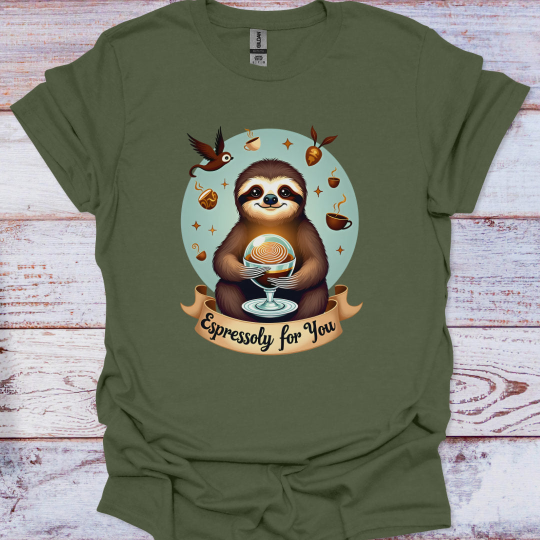 Green t-shirt with a sloth holding an espresso cup graphic on a wooden surface