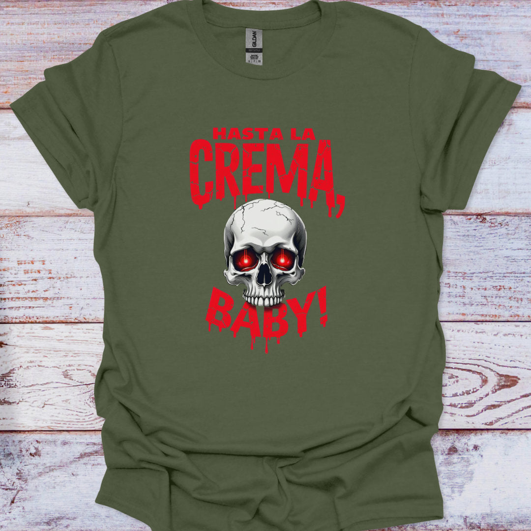 Green t-shirt with a skull graphic and red text on a wooden surface