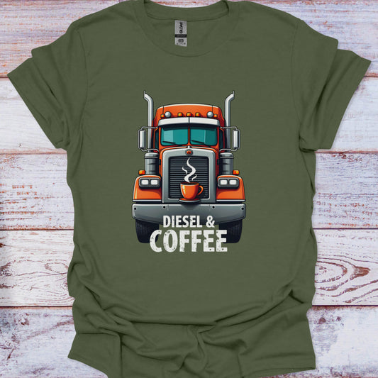 Green t-shirt with a truck graphic and 'Diesel & Coffee' text on a wooden surface