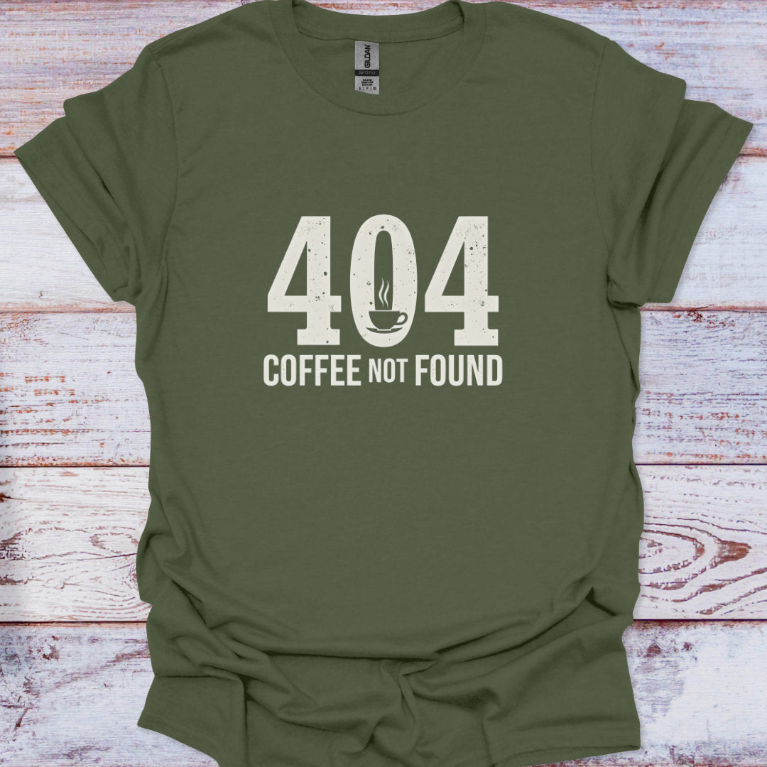 Green t-shirt with '404 Coffee Not Found' text on a wooden surface