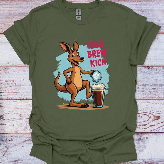 Green t-shirt with a kangaroo graphic and 'Cold Brew Kick' text on a wooden surface