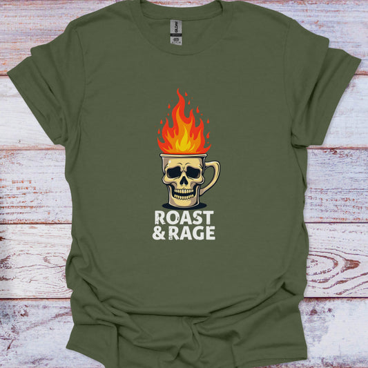 Green t-shirt with a skull and flames graphic and 'Roast & Rage' text on a wooden surface.
