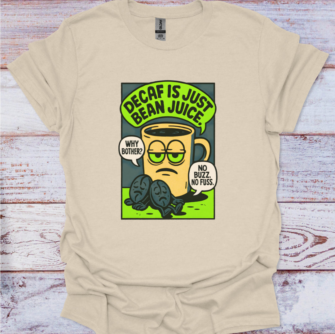 Beige t-shirt with a graphic design of a coffee cup and text on a wooden surface