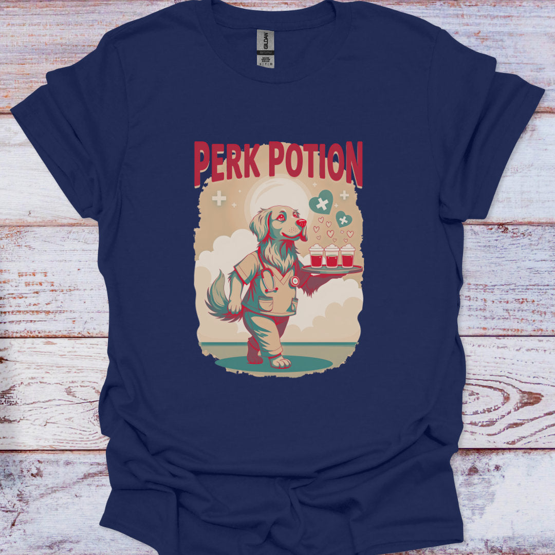 Navy blue t-shirt with a graphic of a dog holding a tray of drinks and 'Perk Potion' text on a wooden surface.