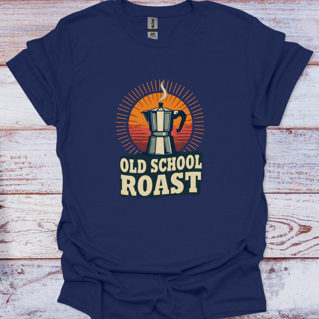 Navy blue t-shirt with 'Old School Roast' graphic on a wooden surface
