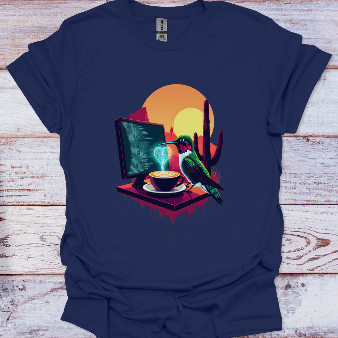 Navy blue t-shirt with a graphic of a computer, coffee, and bird on a wooden surface