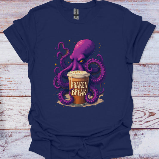 Navy blue t-shirt with a purple octopus holding a Kraken coffee cup on a wooden surface