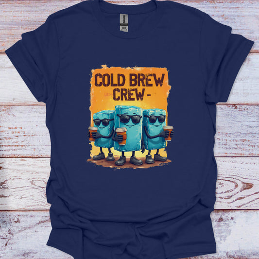 Navy blue t-shirt with 'Cold Brew Crew' graphic on a wooden surface