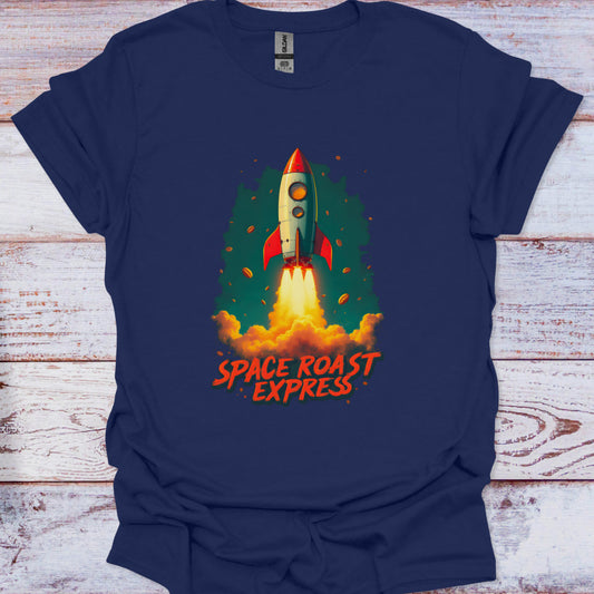 Navy blue t-shirt with a rocket graphic and 'Space Roast Express' text on a wooden surface
