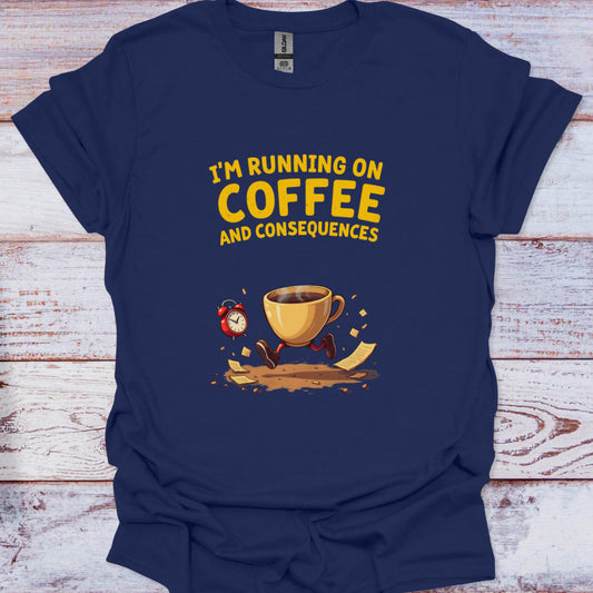 Navy blue t-shirt with yellow text and coffee cup graphic on a wooden surface