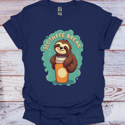 Navy blue t-shirt with a sloth holding a coffee cup graphic on a wooden surface