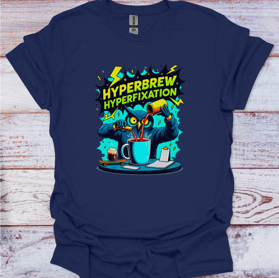Navy blue t-shirt with 'Hyperbrew Hyperfixation' graphic design on a wooden surface
