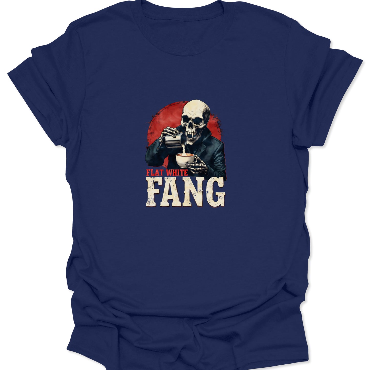 Navy blue graphic tee with a high-contrast vintage skull pouring a coffee drink, bold text "FLAT WHITE FANG," appealing to gothic and coffee niche.