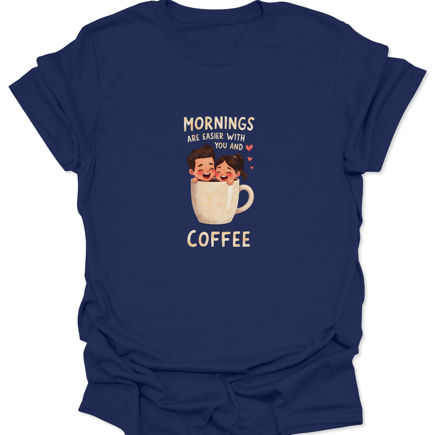 Navy blue tee printed with an illustration of two partners emerging from a mug of coffee. Essential caffeine and romance signal for couples.