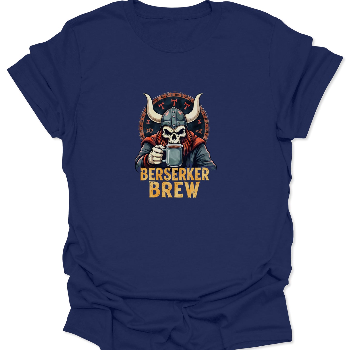 Skull with Viking helmet and orange beard drinking a hot beverage, featuring 'Berserker Brew' text, on a dark navy blue t-shirt base.