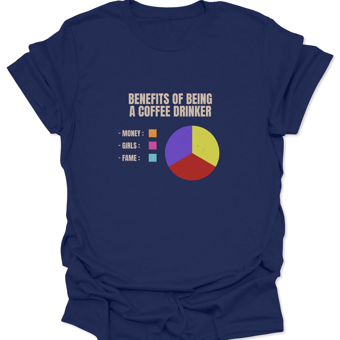 A navy blue graphic t-shirt displaying an absurdist humor pie chart about coffee consumption and its nonsensical benefits.