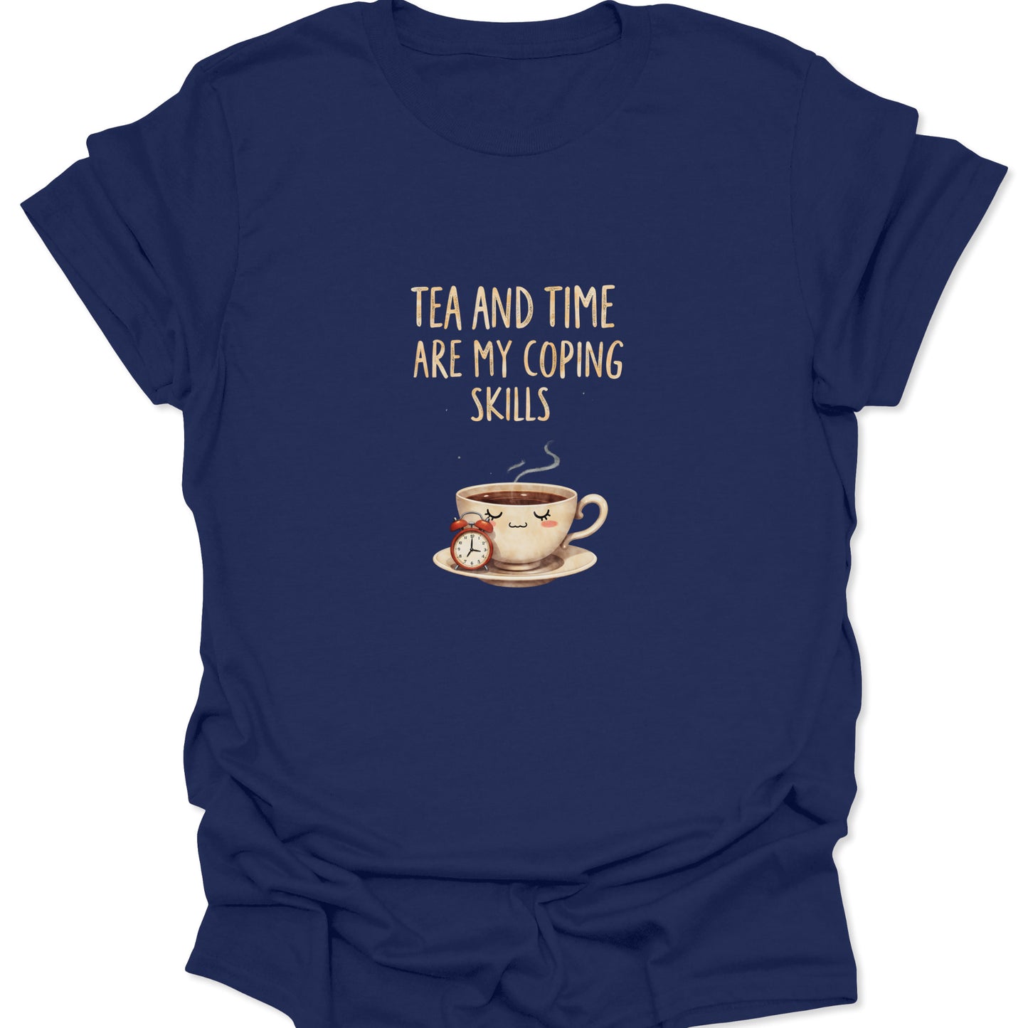 Navy Blue graphic tee with comforting "Tea and Time" typography and kawaii kitchenware illustration.