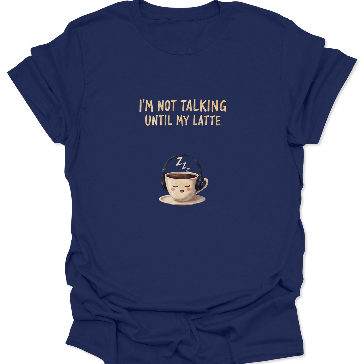 Navy Blue t-shirt with a funny, introverted coffee lover design about not talking before caffeine intake.