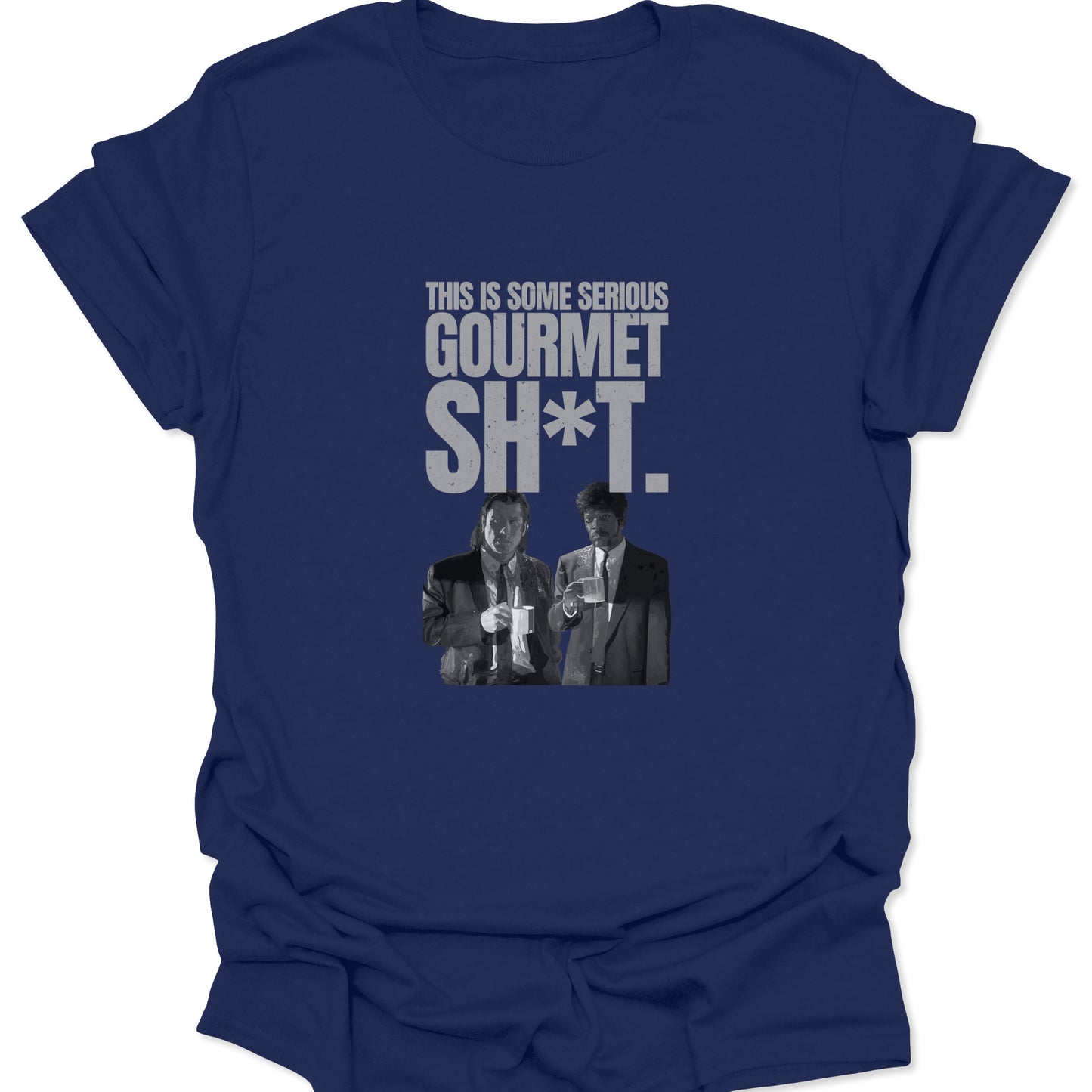 A navy blue graphic tee showing a distressed cinematic print of characters enjoying coffee with a witty movie quote.
