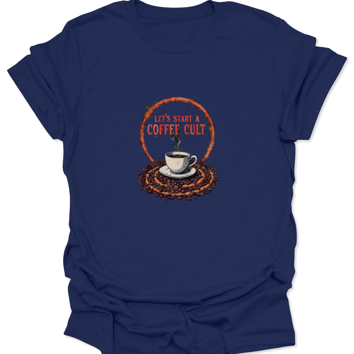 Navy blue t-shirt featuring the bold graphic design of a cult-like coffee altar with an espresso cup and beans, framed by a distressed orange ring.