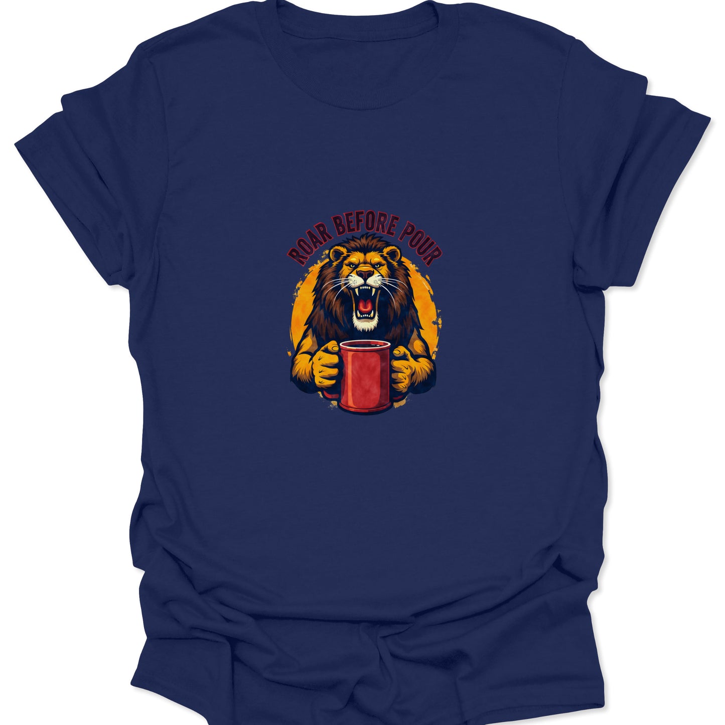 Navy blue tee featuring a highly saturated illustration of a lion mid-roar, with bold yellow and red tones, focused on a coffee addiction theme.