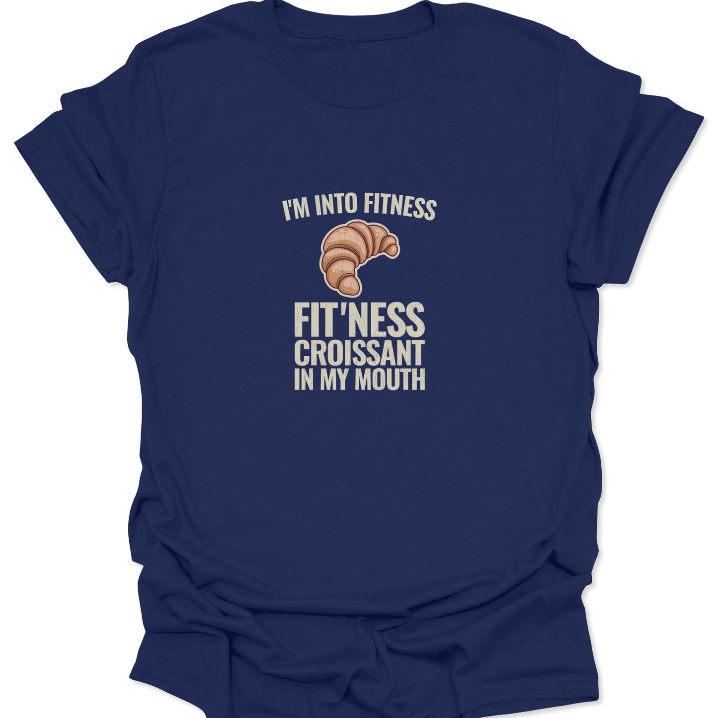 Navy blue graphic t-shirt with a white text slogan focused on the love of croissants over traditional fitness, featuring a detailed croissant drawing.