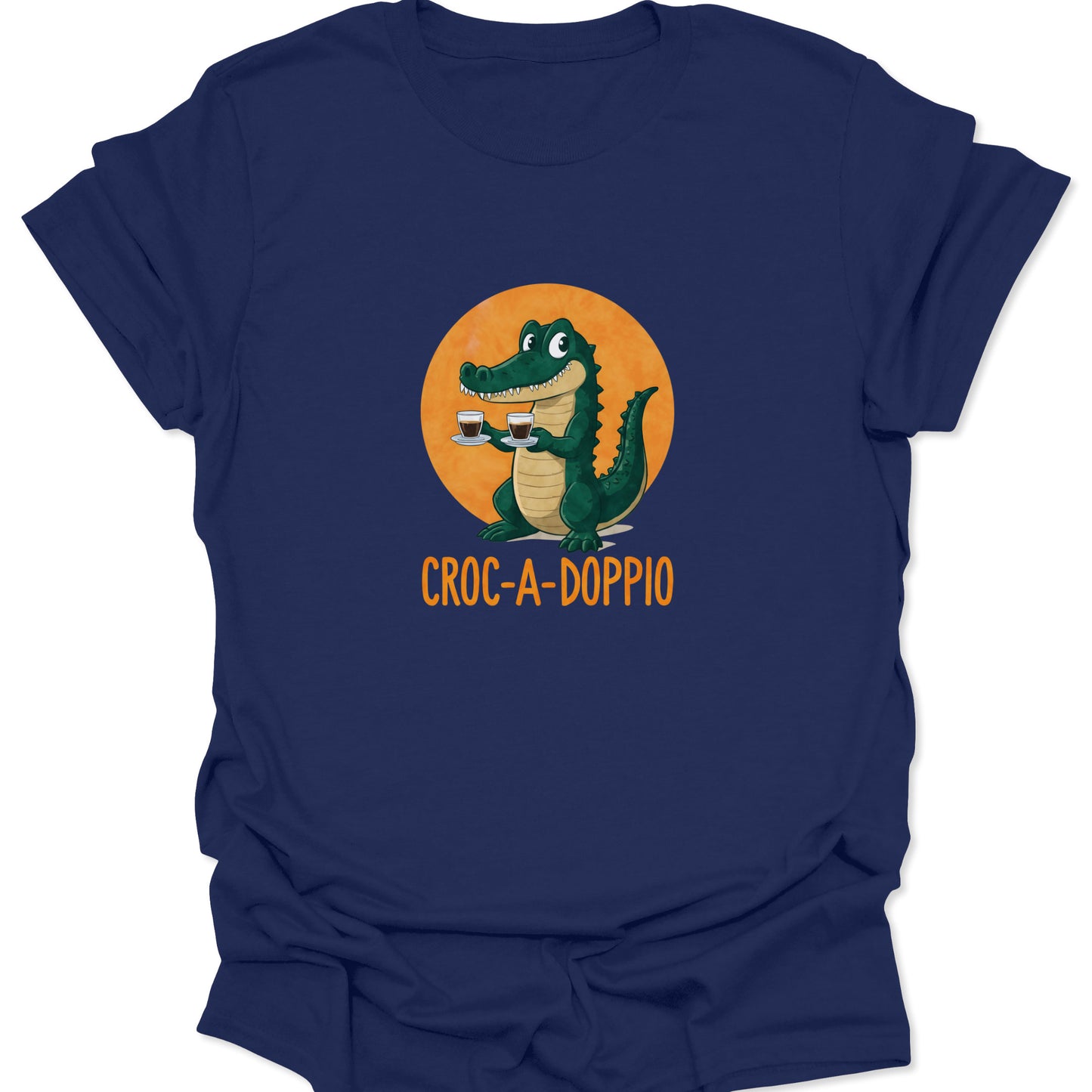 Navy blue apparel displaying the full Croc-A-Doppio visual of the snappy reptile and its double-shot coffee.