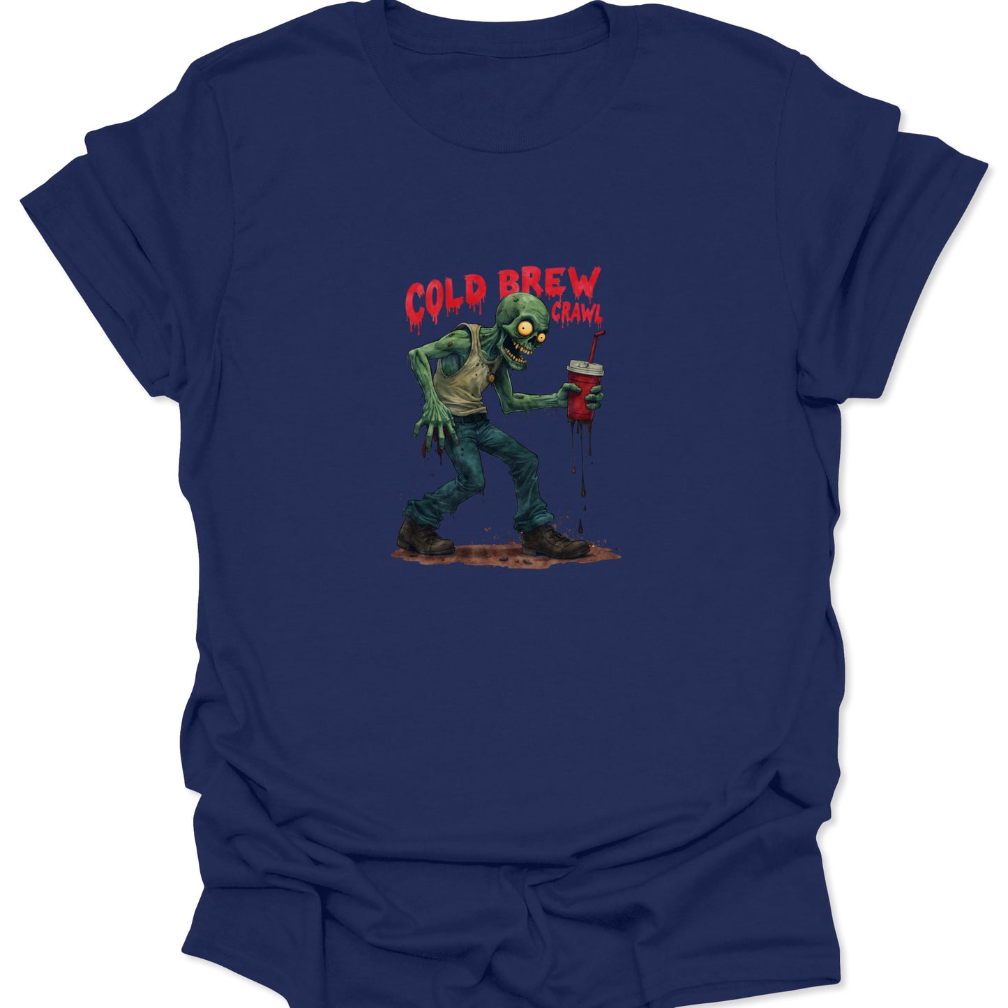 Undead crawler holding a dripping cold brew cup on a navy blue t-shirt. Bizarro scenario graphic appealing to caffeine and horror niches.