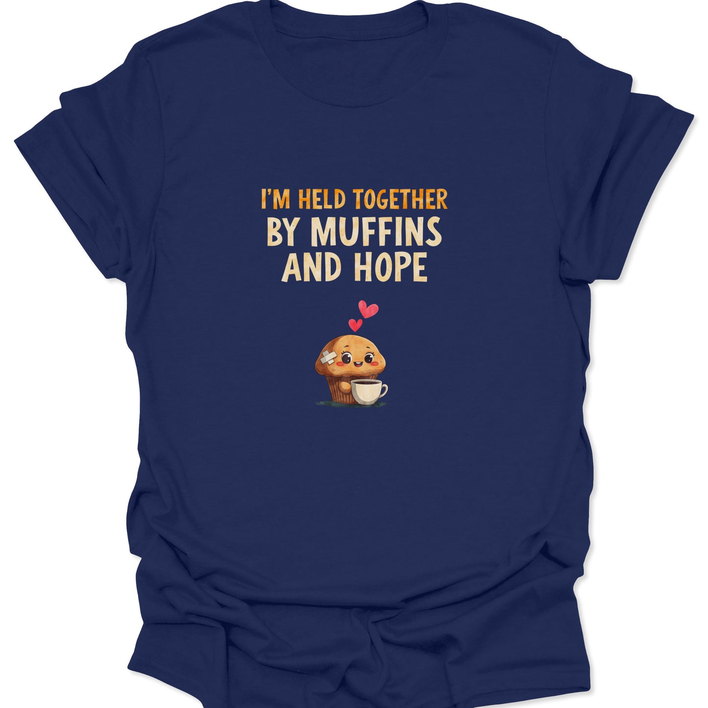 Navy Blue t-shirt featuring optimistic muffin graphic with coffee mug, relatable gift for bakers.