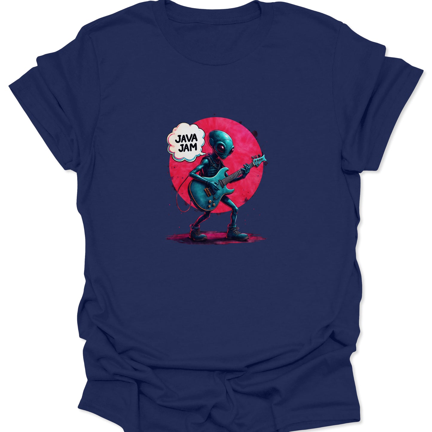 Navy blue graphic tee featuring a whimsical alien rock star. The teal alien plays an electric guitar against a bold red circle backdrop, text reads "JAVA JAM." Code/DevOps humor shirt.