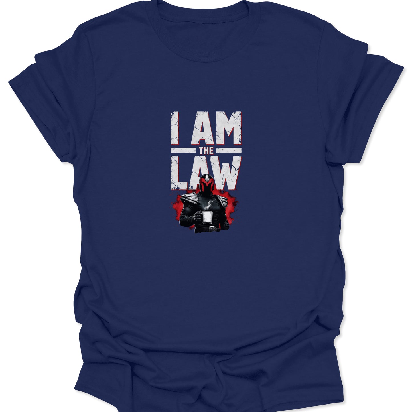 A navy blue graphic t-shirt featuring a gritty, armored figure holding a cup of coffee with the caption "I AM THE LAW."
