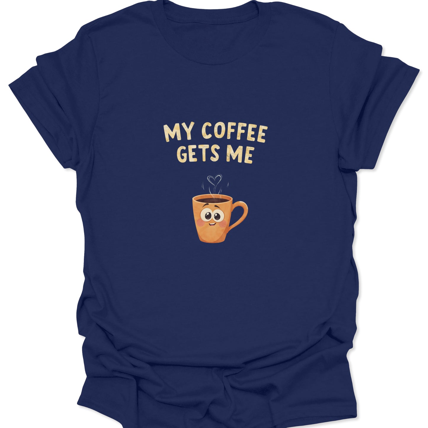 Navy Blue t-shirt featuring a wholesome coffee lover design with heart-shaped steam and distressed lettering.