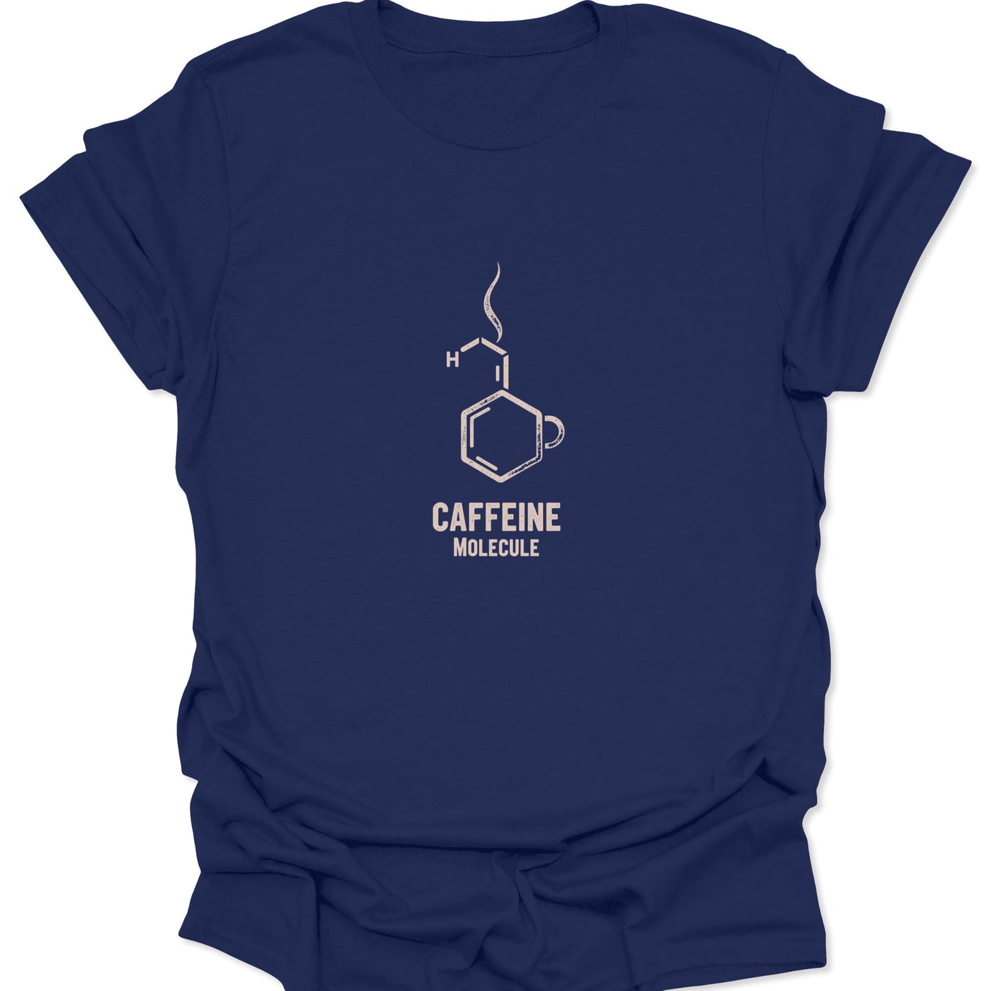 Pre-workout or coffee lover graphic tee; line drawing of the caffeine chemical structure integrated with a cup of hot coffee, printed in a light, contrasting color on a solid navy blue shirt.
