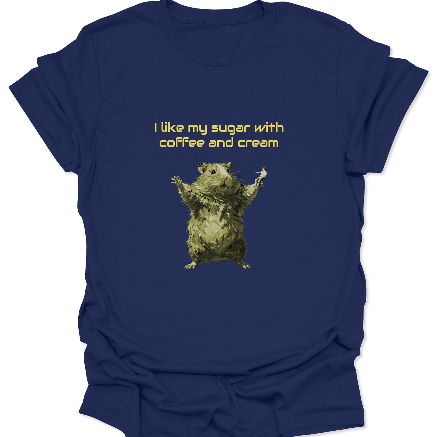 A navy blue graphic t-shirt featuring a stylized yellow-green hamster with its arms raised and the text "I like my sugar with coffee and cream" in yellow font.
