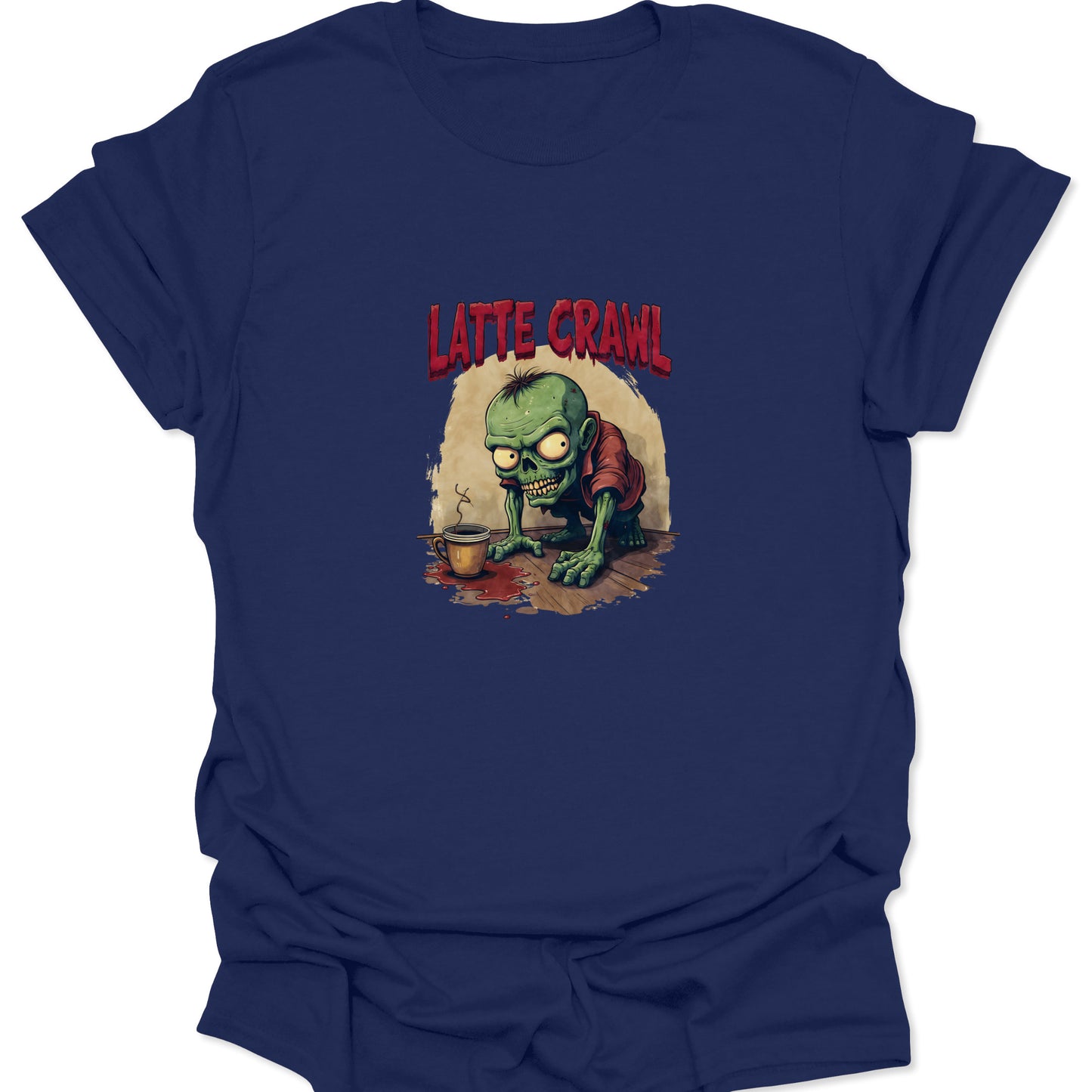 High-contrast graphic of a pre-caffeine zombie crawling to a cup of espresso/latte. Design is printed on a navy blue shirt and emphasizes the "LATTE CRAWL" text.