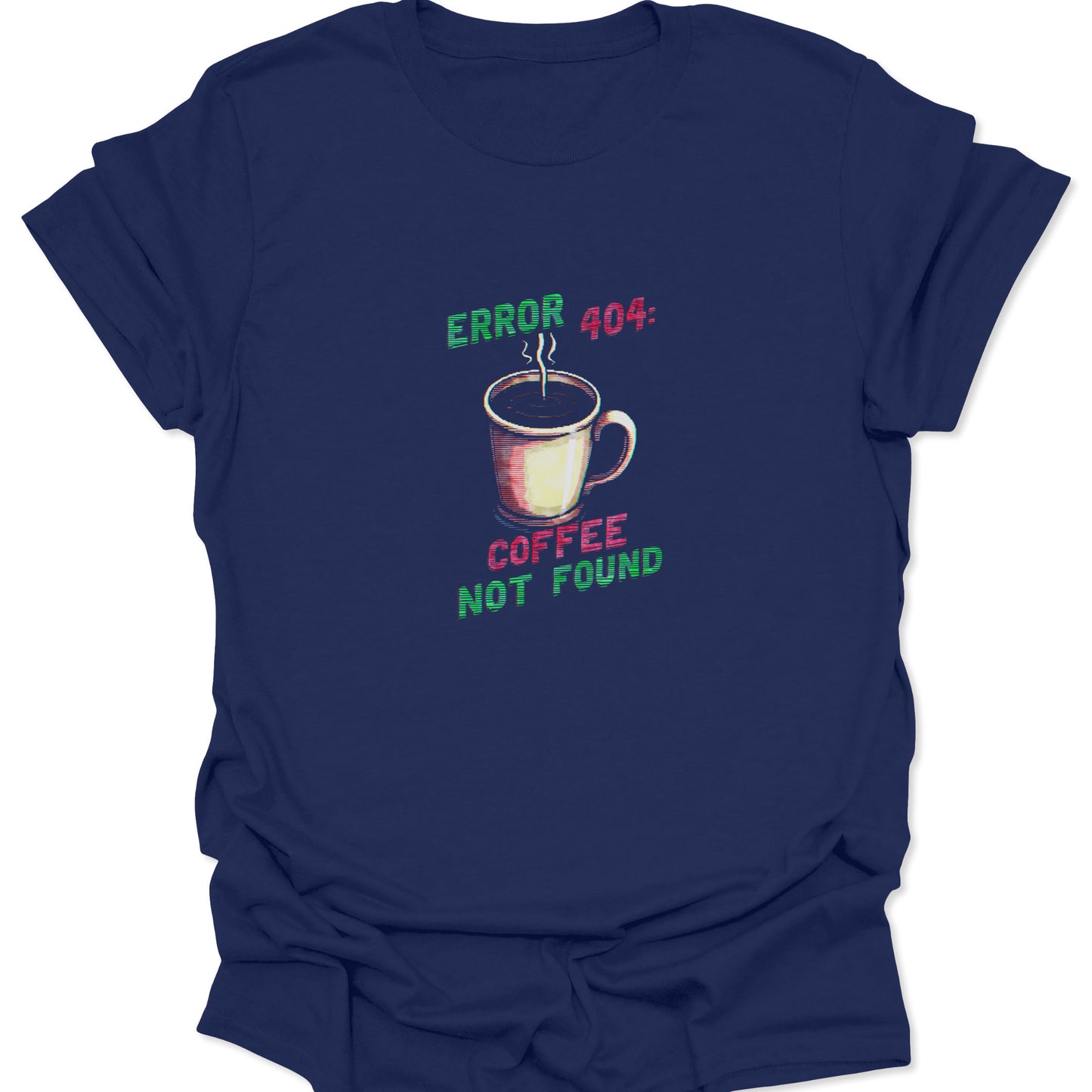 Navy blue t-shirt displaying the popular 'Error 404: Coffee Not Found' meme graphic with a distressed, tech-goth aesthetic.