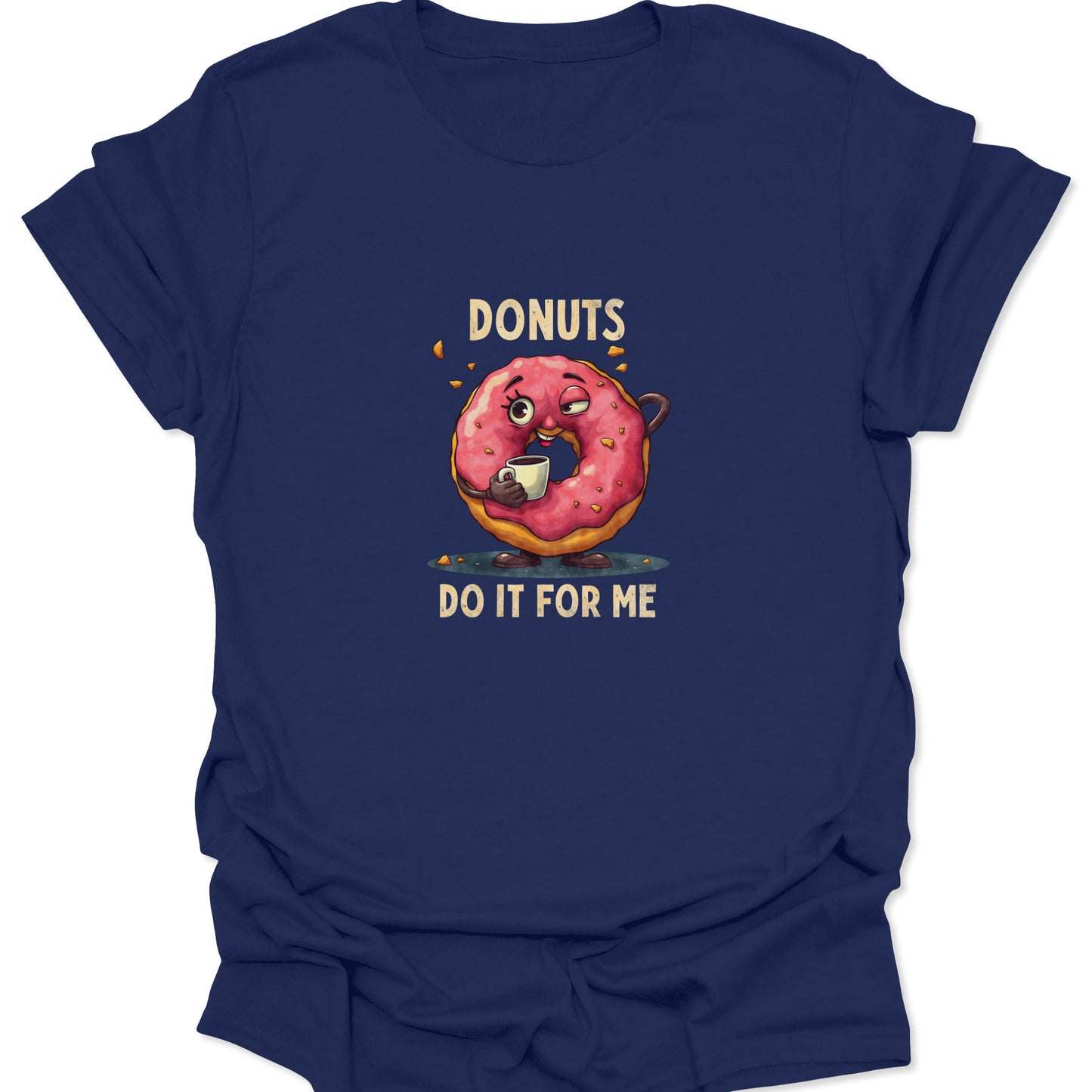 Navy blue tee with a prominent illustration of a weary pink donut and coffee, embodying aggressive sarcasm and a love for baked goods.