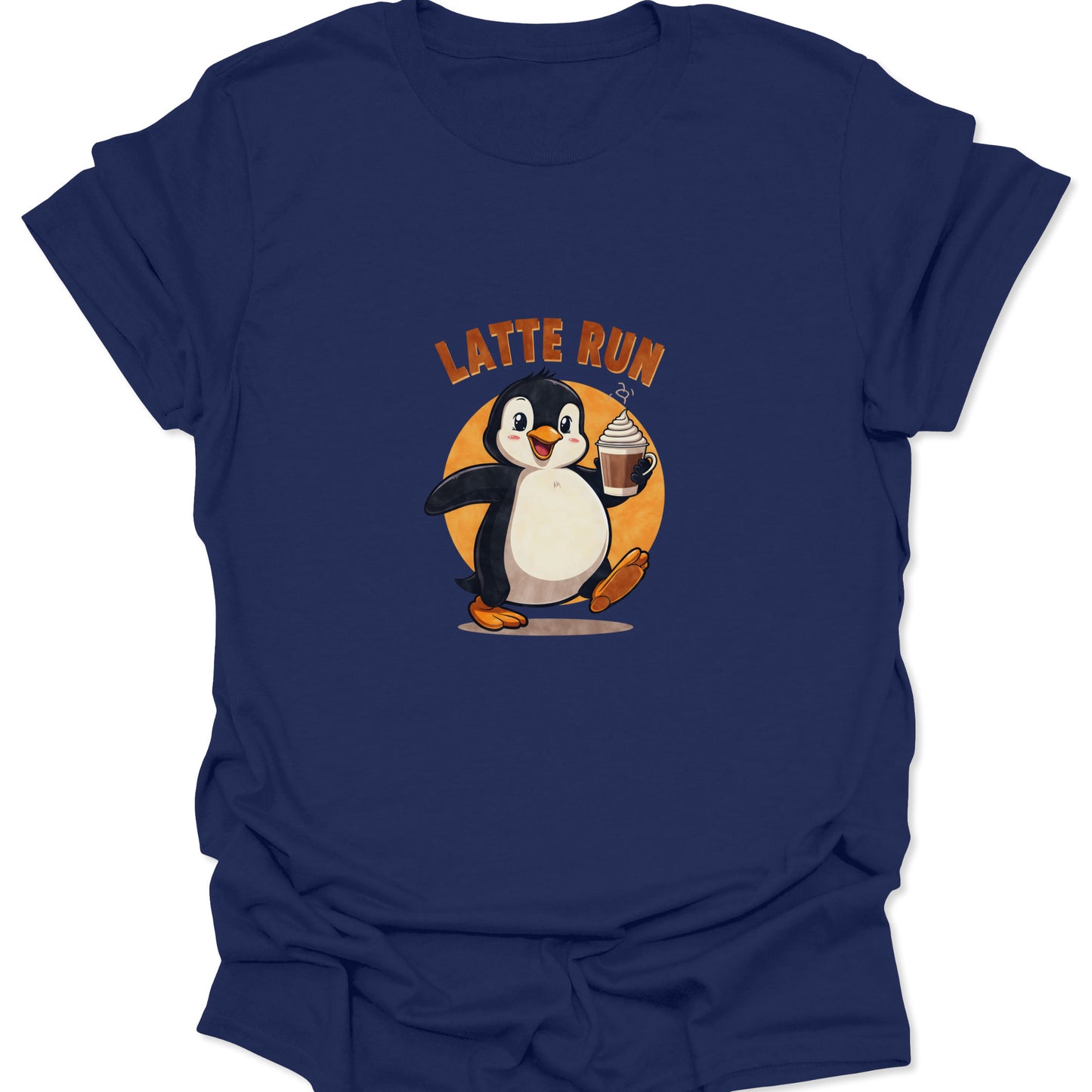 Navy blue apparel with a high-contrast graphic of a waddling penguin on a critical caffeine mission with a full latte cup.