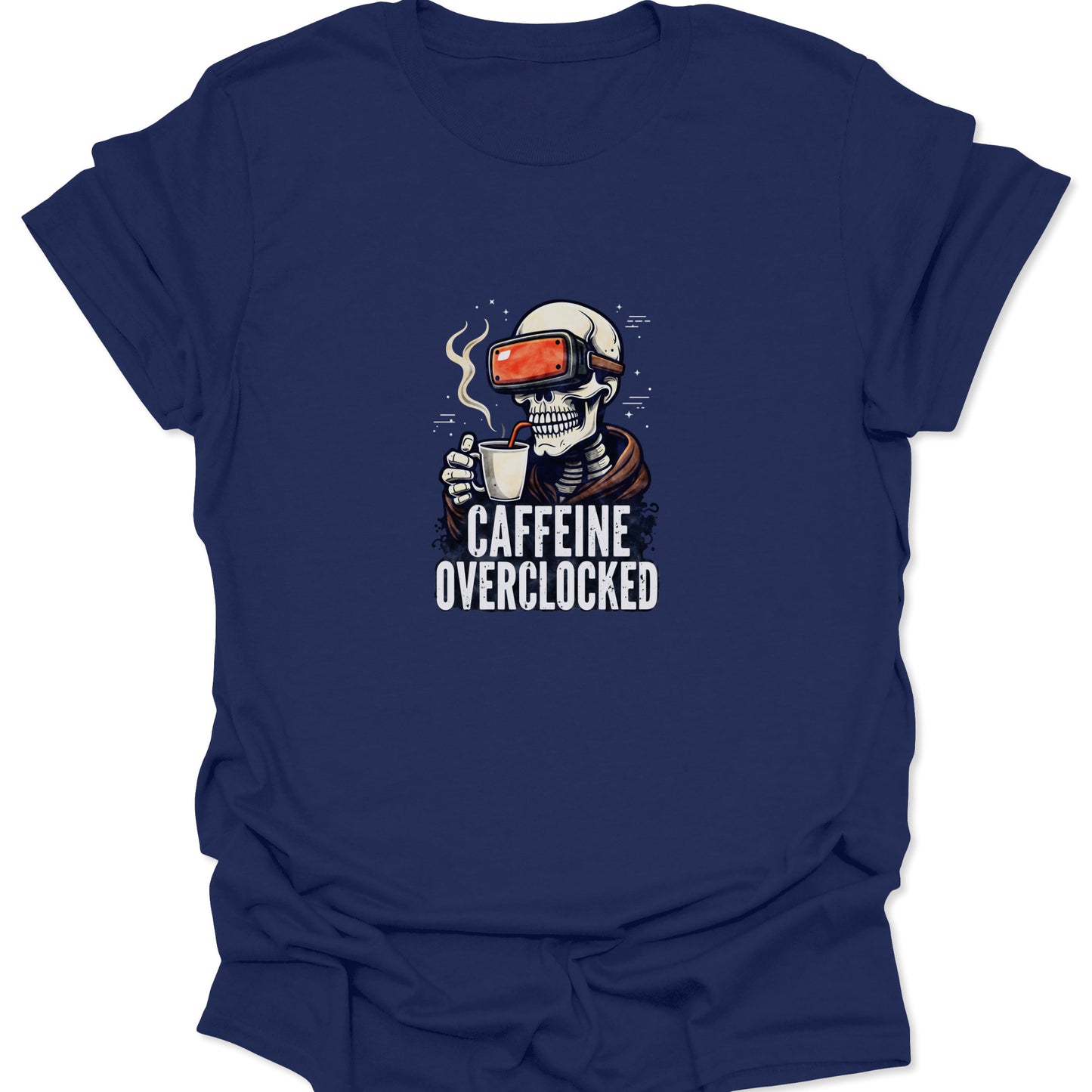 Navy Blue t-shirt featuring a white skeleton and red VR goggles, where the dark blue background emphasizes the "Caffeine Overclocked" typography.