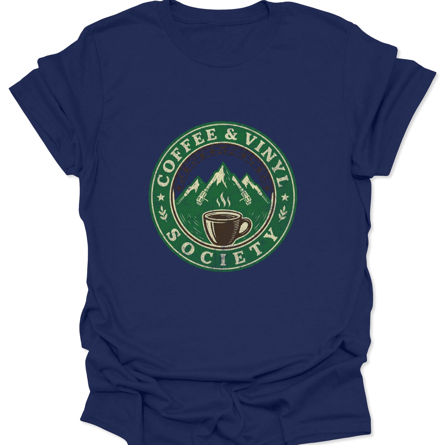 Navy Blue t-shirt contrasting with a vintage green and cream badge design celebrating coffee and vinyl records with mountain imagery.
