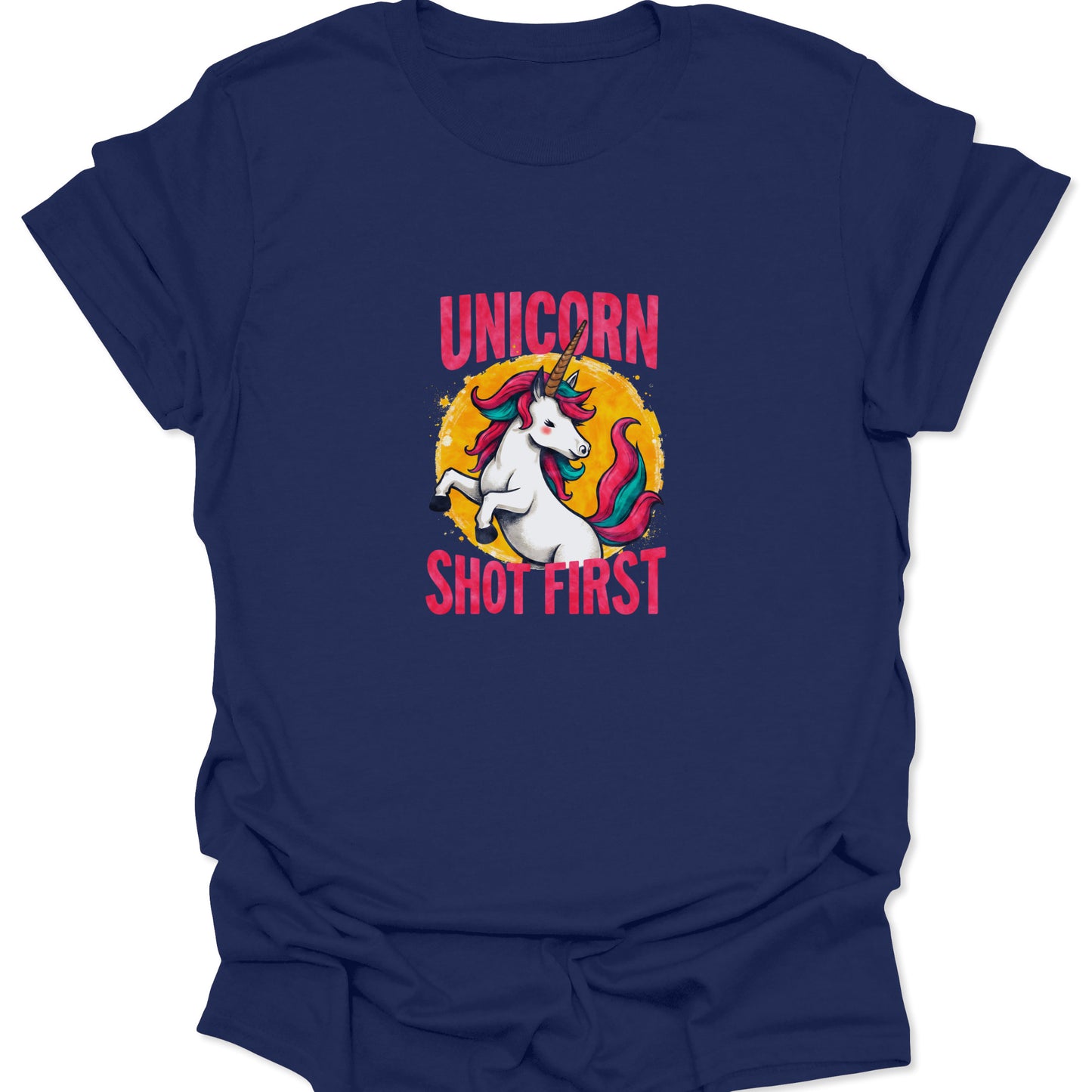 Navy blue tee with a cross-niche graphic featuring a unicorn, distressed yellow sun, and the rebellious, sarcastic phrase "Unicorn Shot First."