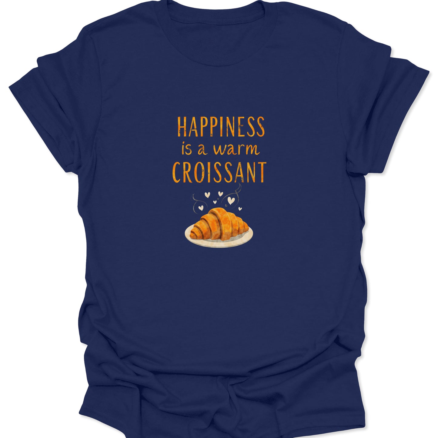 Navy blue cotton shirt featuring a contrasting illustration of a perfect, golden croissant, emphasizing the simple pleasure of warm bread and buttery comfort.