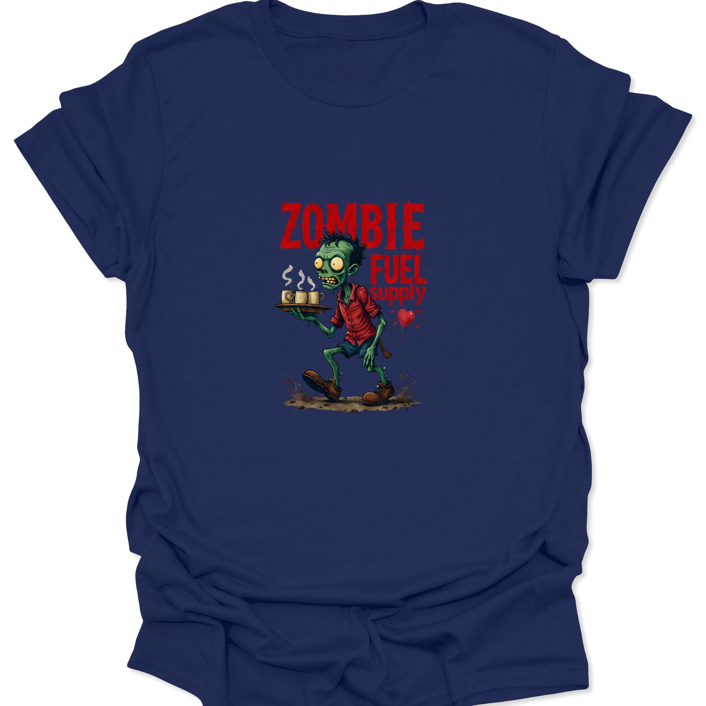 Navy blue cotton t-shirt featuring a stylized, distressed zombie holding coffee and the phrase "ZOMBIE FUEL SUPPLY," appealing to caffeine and monster culture.