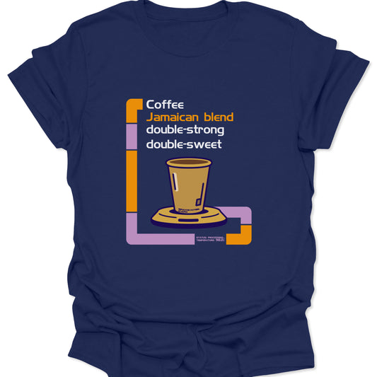 A navy blue graphic tee featuring a 90s-style sci-fi computer interface coffee ordering system with vibrant orange and purple accents.