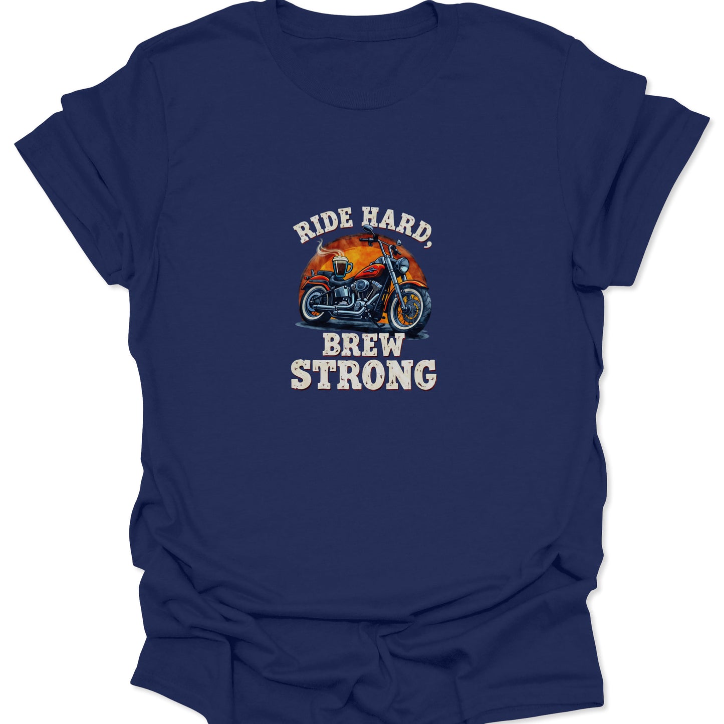 Motorcycle and retro sunset art featuring the "Brew Strong" slogan on a navy blue tee, appealing to caffeine and open-road enthusiasts.