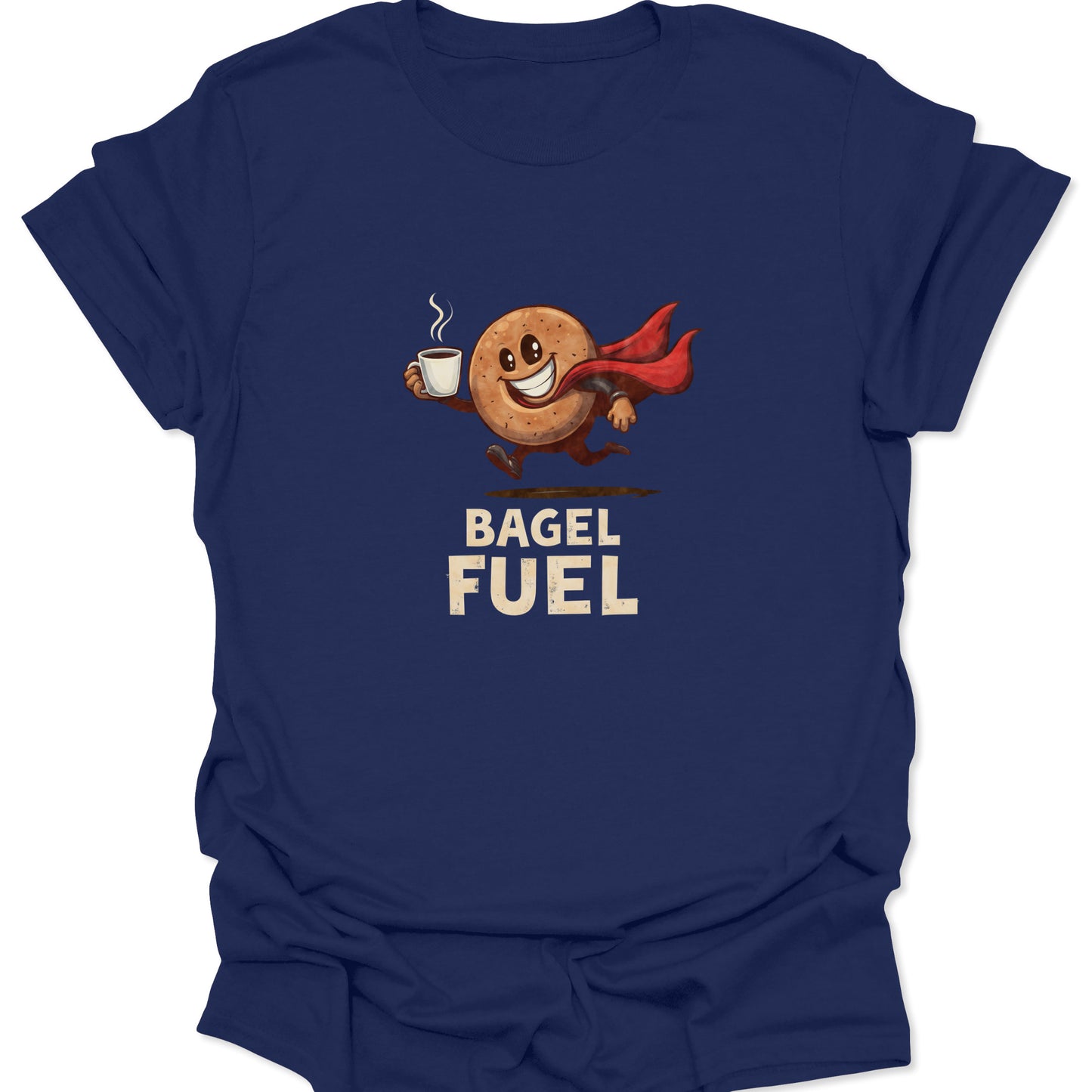 Navy blue shirt showcasing the Bizarro-scenario graphic of a coffee-fueled, cape-wearing bagel runner and the bold text "BAGEL FUEL."