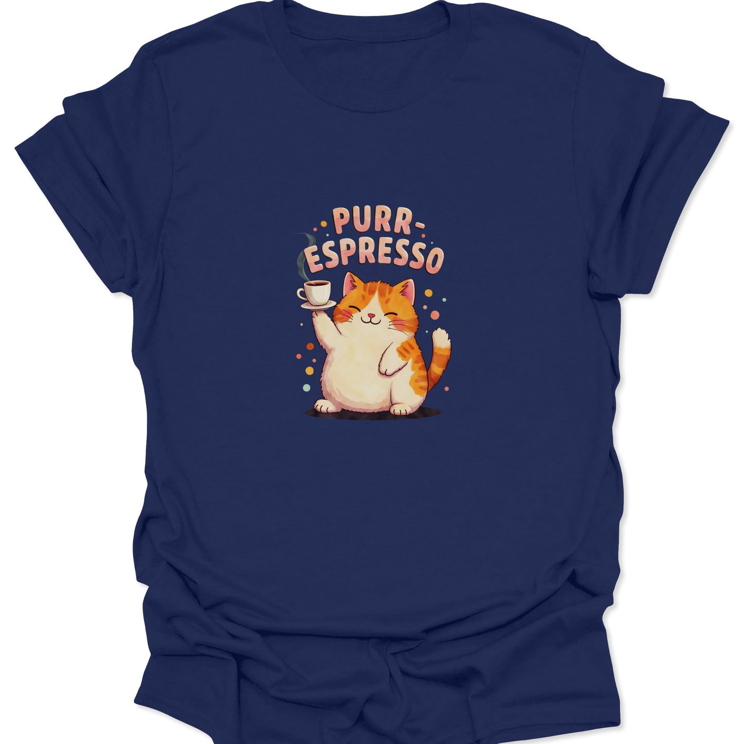 Funny cat and coffee shirt for women and men, featuring a cartoon tabby holding a small white espresso mug on a navy blue t-shirt.