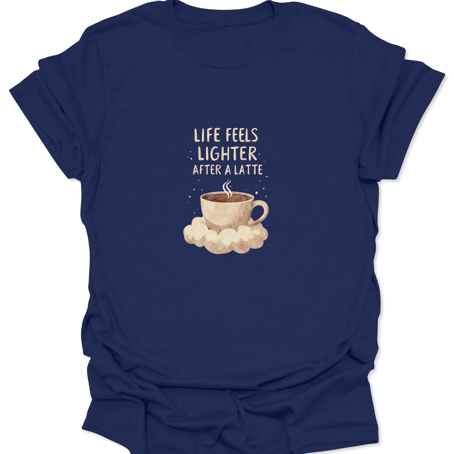 Navy Blue t-shirt showing a floating coffee cup design with clouds and stars emphasizing a weightless morning vibe.